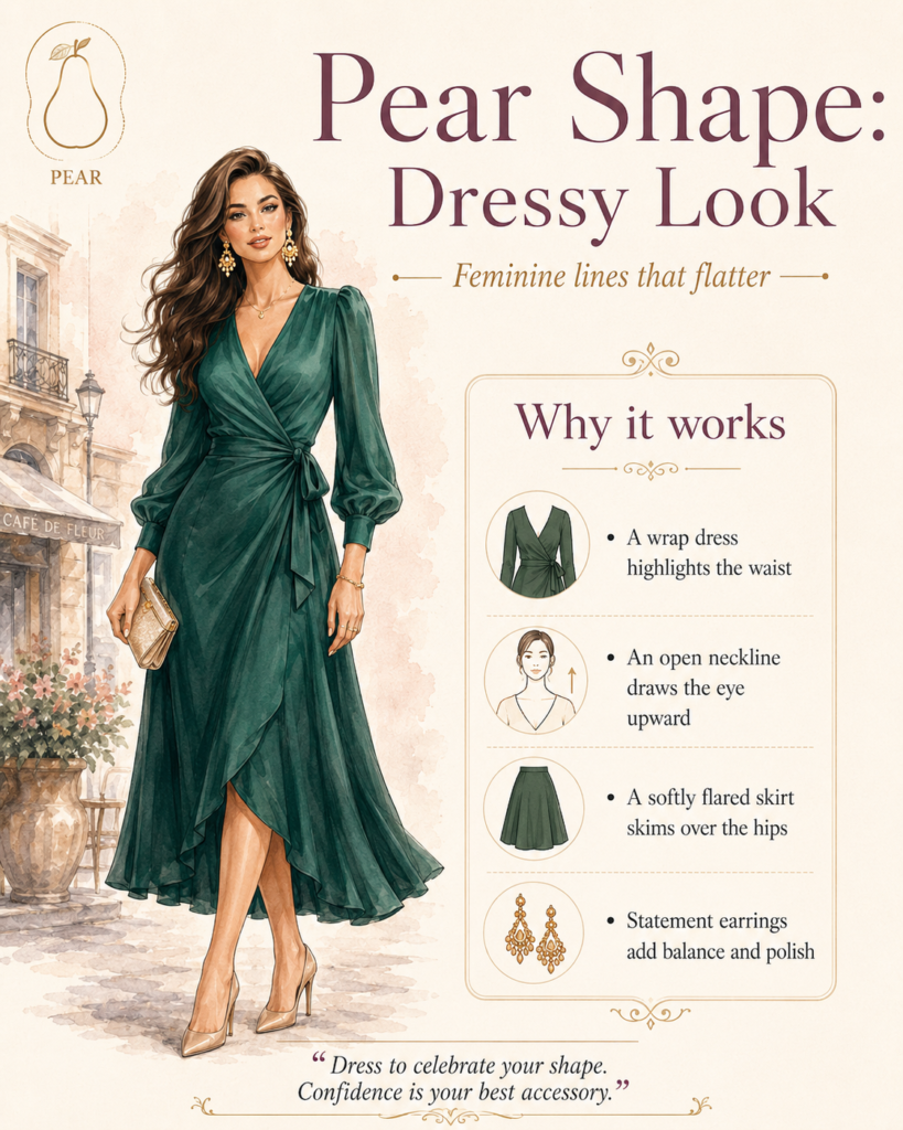 Pear shape dressy outfit with emerald green wrap dress and gold earrings