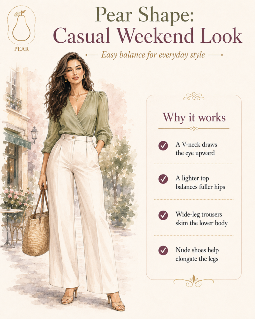 Pear shape polished workwear with blush blazer cream trousers and V-neck camisole