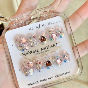 BELLAITY Handmade Press On Nails – Dreamy Pink Jelly Nails with 3D Crystal Glitter and Rhinestone Design