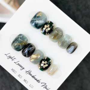 Luxury Emerald Green Press On Nails with Gold Floral Design – Handmade Marble Gel False Nails Set