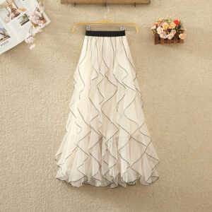 Women's High-Waisted White Layered Ruffle Tulle Maxi Skirt with Black Trim