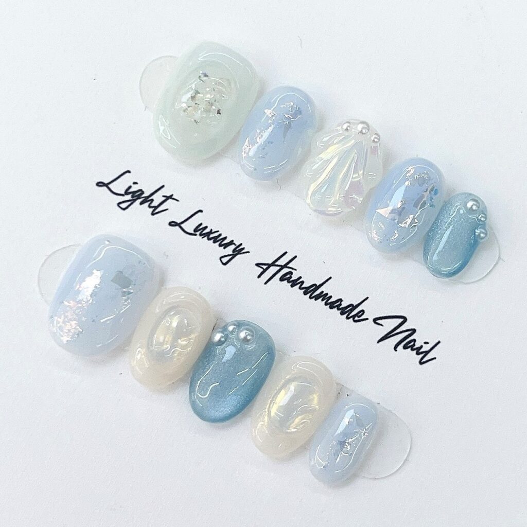 Icy Blue Luxury Press On Nails with Pearl Shell Art | Handmade Jelly False Nails for Women