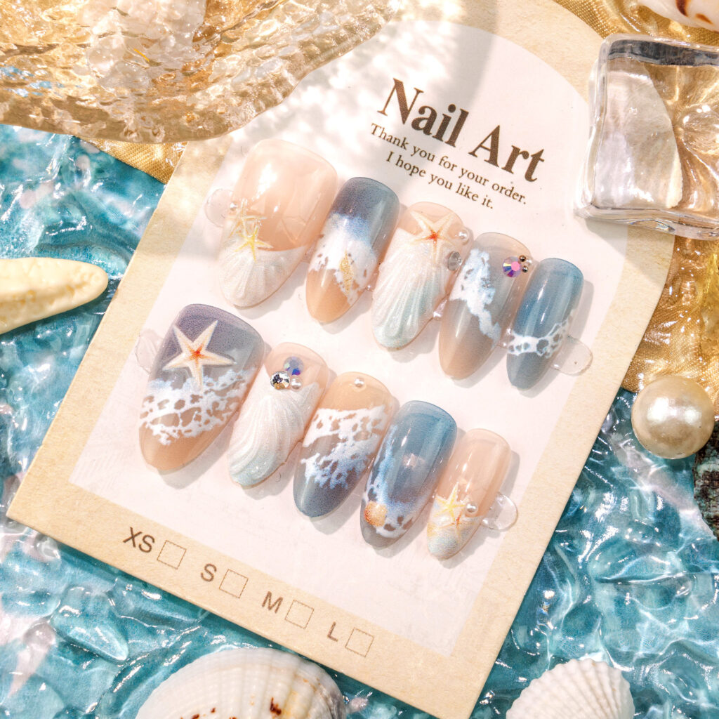 BELLAITY Summer Ocean Wave & Starfish Press-On Nails - 30 Pcs Set