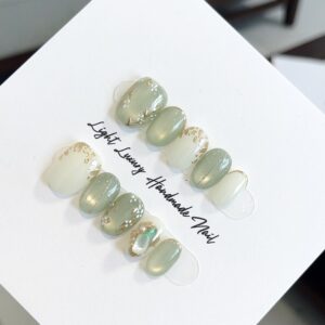 Sage Green Luxury Press On Nails with Gold Foil & Pearl Art | Handmade Korean Style False Nails