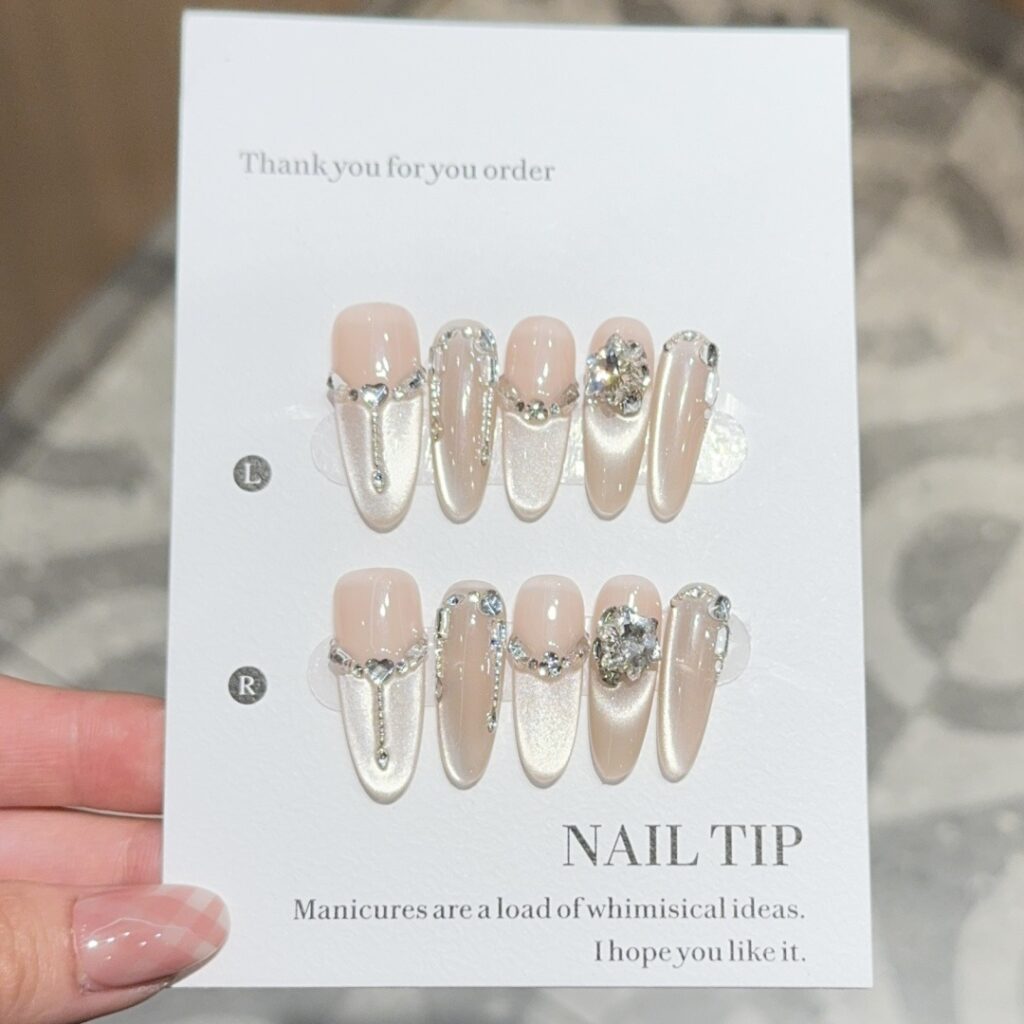 Handmade Press On Nails for Women – Elegant Nude Pink Gel Nails with 3D Crystal Accent