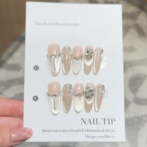Handmade Press On Nails for Women – Elegant Nude Pink Gel Nails with 3D Crystal Accent