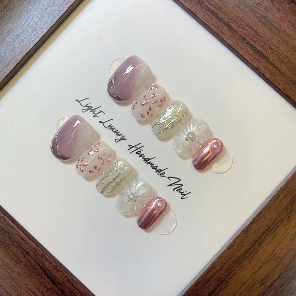 Luxury Pink Pearl Press On Nails | Handmade 3D Floral Gel Nails