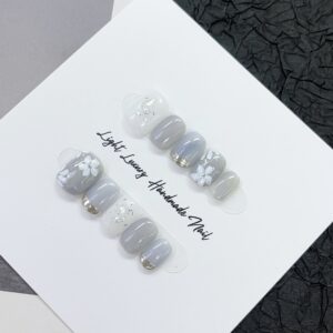 Luxury Gray French Press On Nails with 3D White Flower Design | Handmade Glossy False Nails for Women