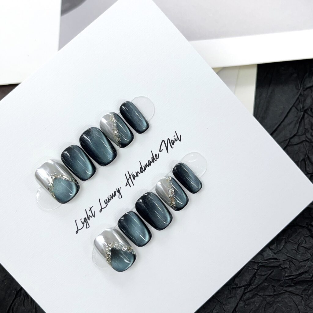 Handmade Luxury Press On Nails – Deep Ocean Cat Eye Gel Effect Nails with Silver Crystal Accent