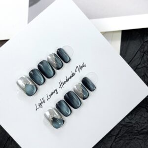 Handmade Luxury Press On Nails – Deep Ocean Cat Eye Gel Effect Nails with Silver Crystal Accent