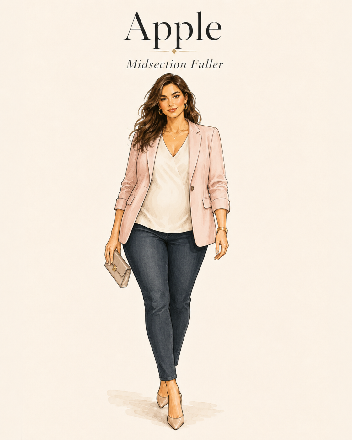Apple body type outfit illustration with pink blazer white blouse and dark jeans
