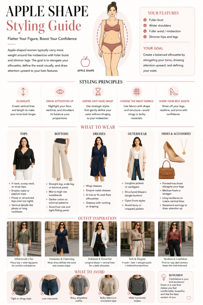 Detailed apple body shape styling guide with tops trousers dresses outerwear and outfit inspiration