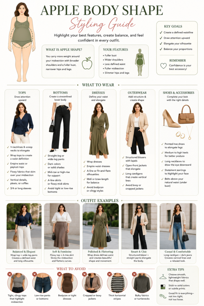 Apple body shape outfit examples with styling recommendations and outfit formulas