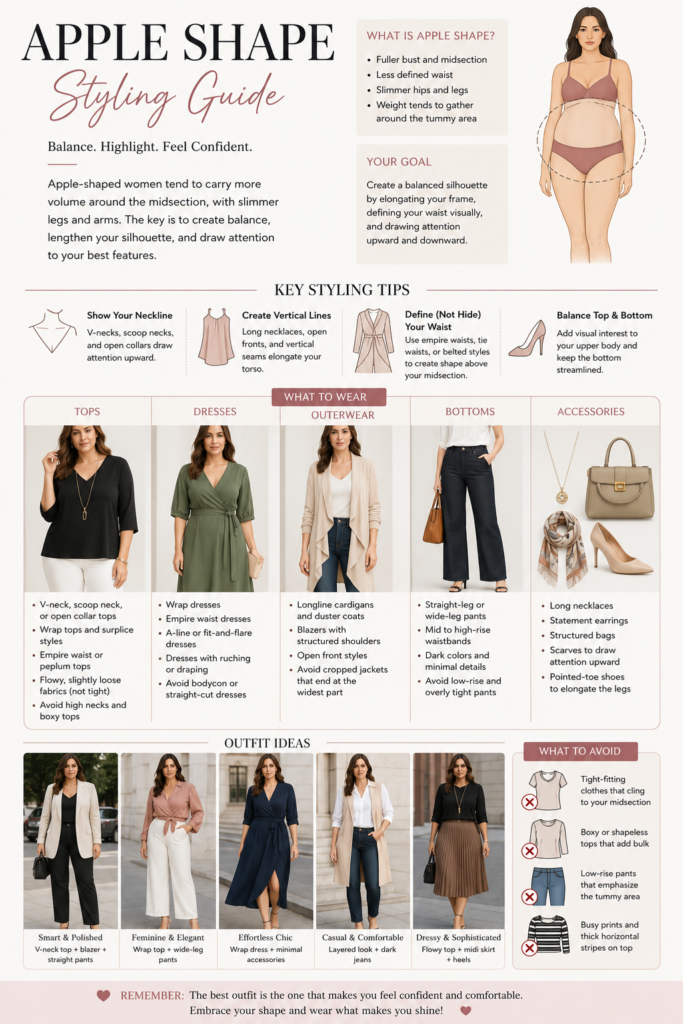 Apple body shape overview infographic with styling tips for a fuller midsection