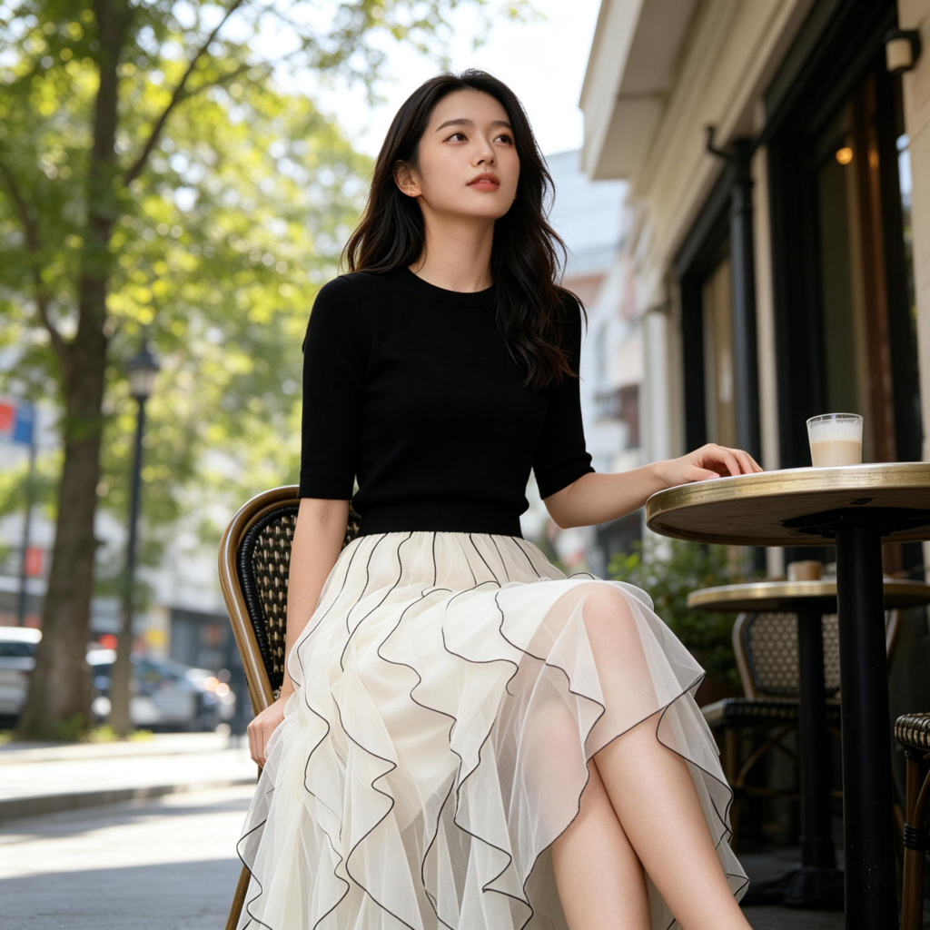 Woman wearing a fitted black knit top with an ivory asymmetric ruffle tulle skirt at an outdoor cafe