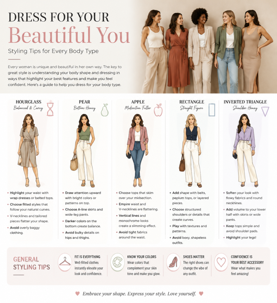 Illustrated comparison of hourglass pear apple rectangle and inverted triangle body shapes