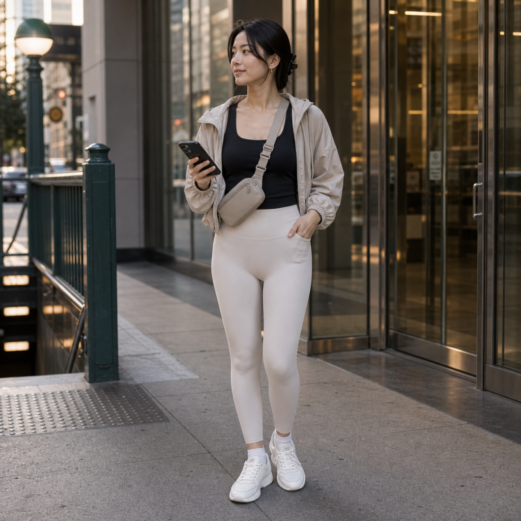 Petite woman wearing beige high-waist leggings with a black active tank and cropped beige windbreaker in the city