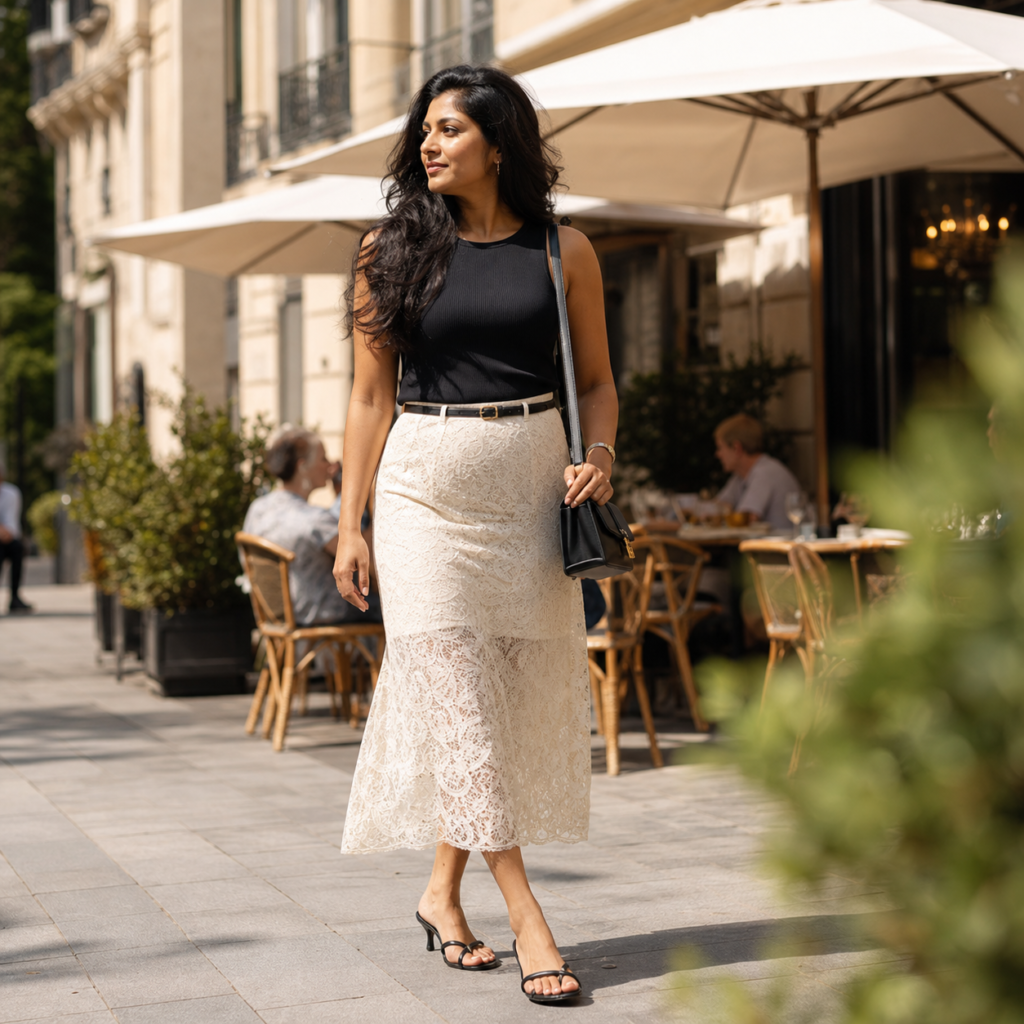 Cream lace midi skirt worn with a fitted black knit top, black belt, kitten heel sandals and a black shoulder bag