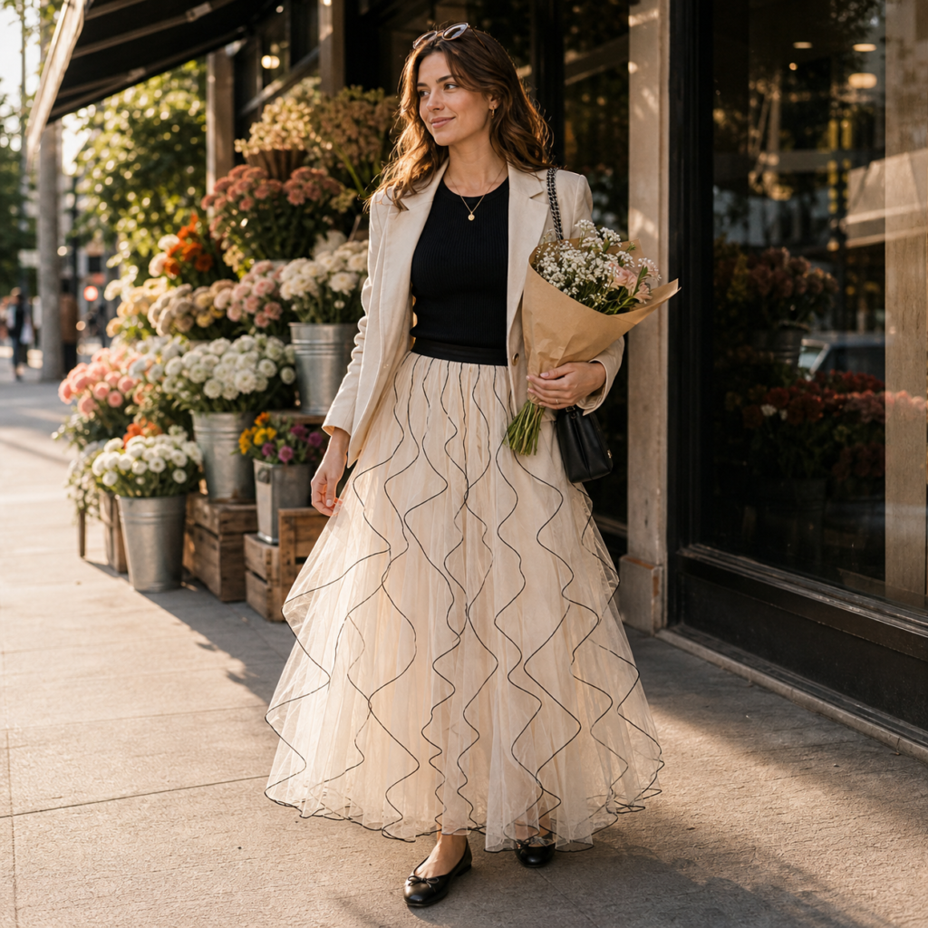 Cream tulle skirt styled with a black tank and ballet flats near a flower market