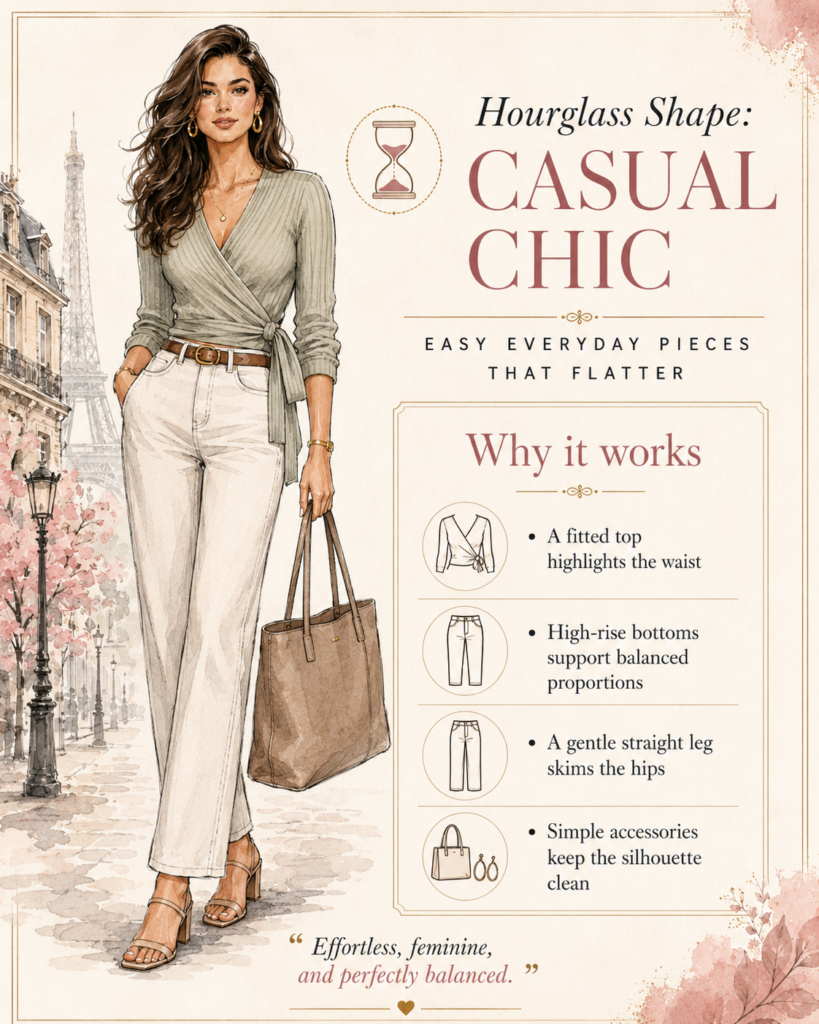 Hourglass casual chic outfit with wrap top high rise straight jeans and tote bag