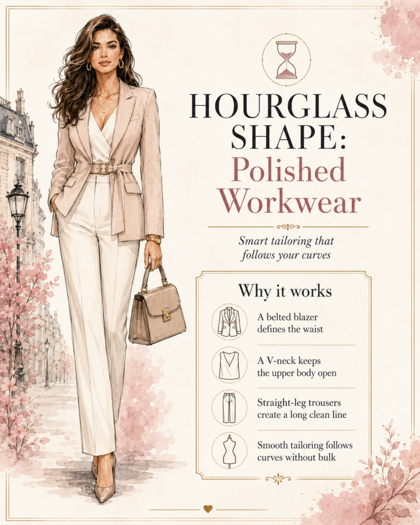 Hourglass polished workwear with a belted blazer V neck top and straight trousers