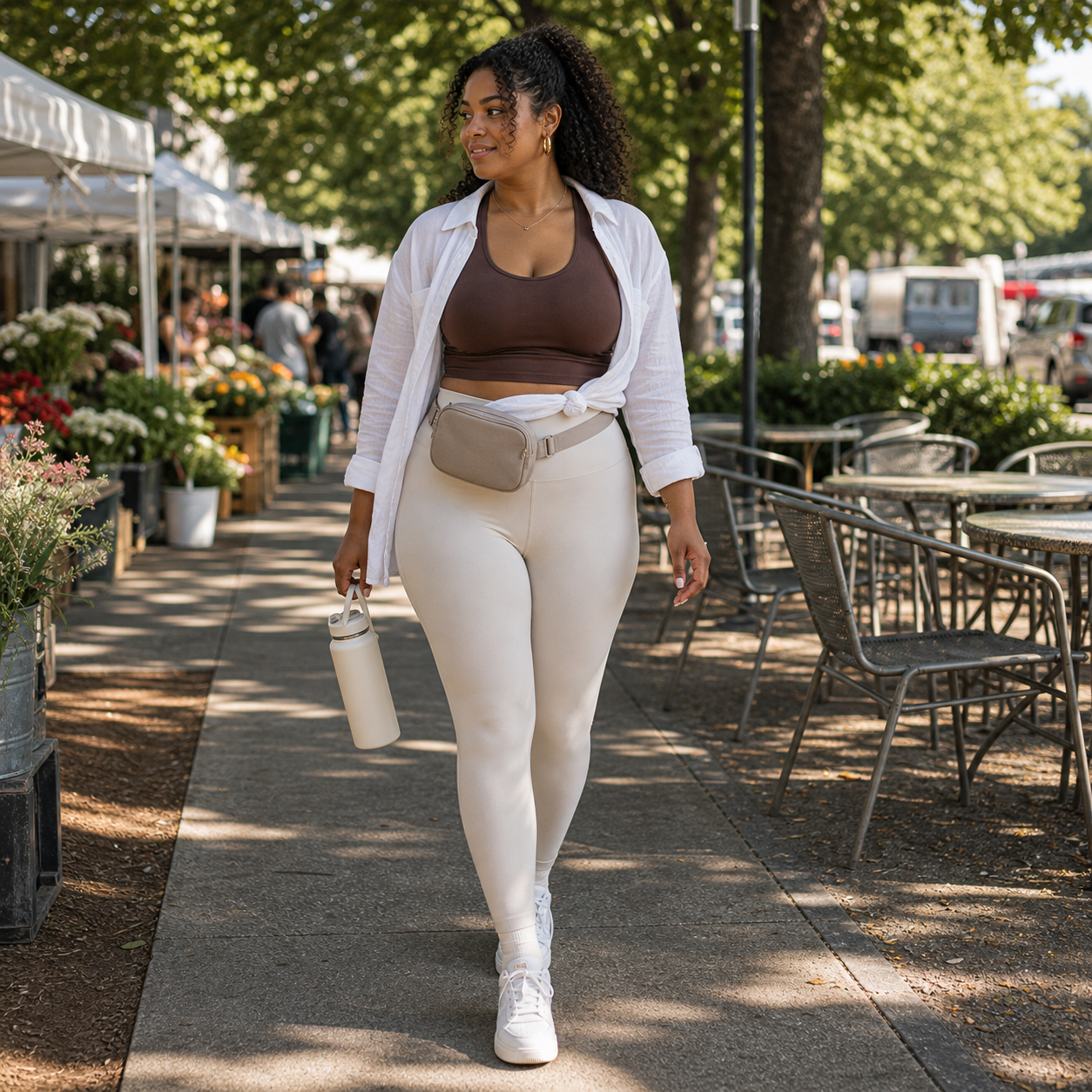 A Curvy-Friendly Beige Leggings Outfit for Morning Walks