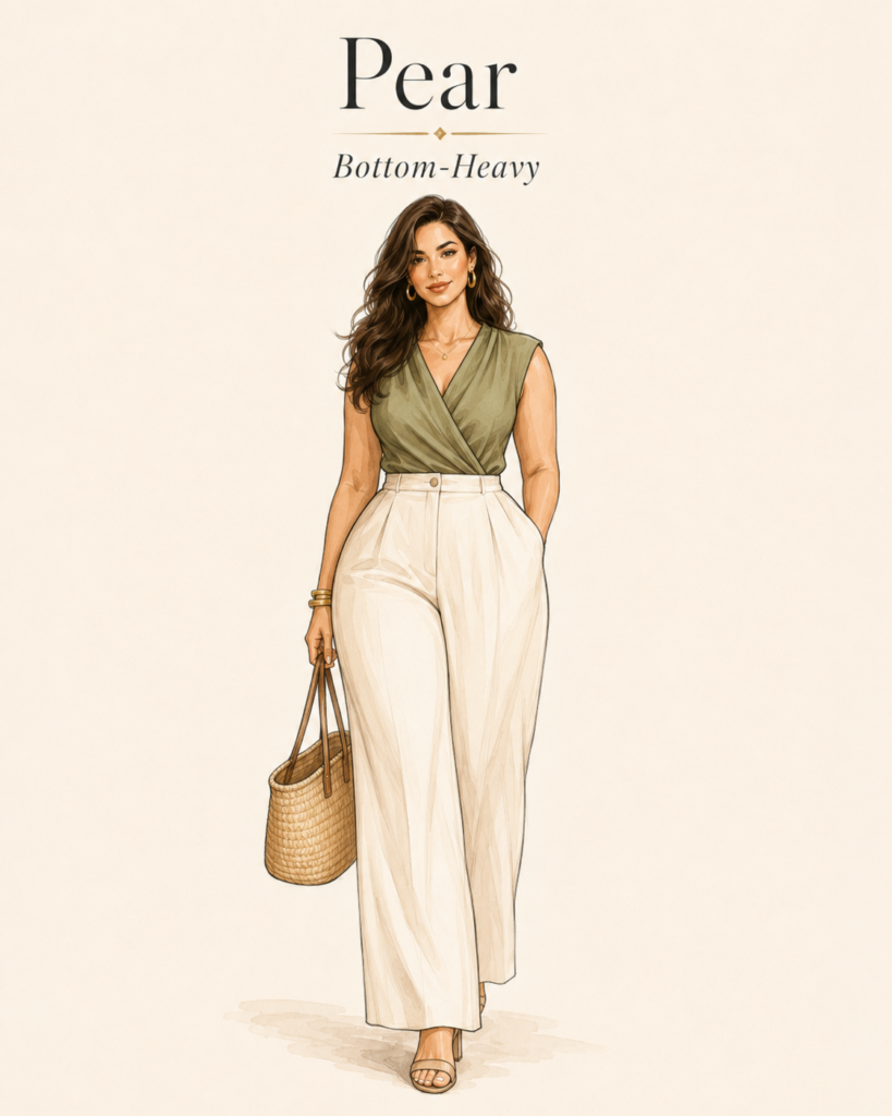 Pear body type outfit illustration with green wrap top and cream wide leg pants