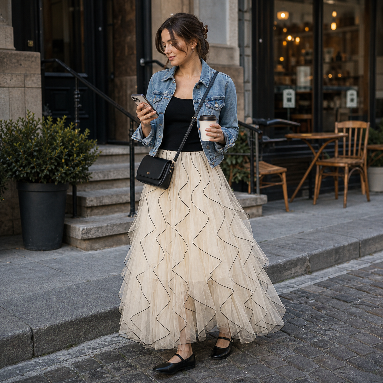 A Walkable Weekend Outfit With a Cream Tulle Skirt