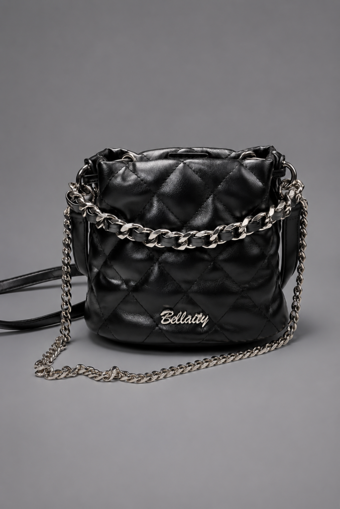 BELLAITY Luxe Quilted Leather Bucket Bag with Silver Chain Strap – Elegant Crossbody Shoulder Bag for Women