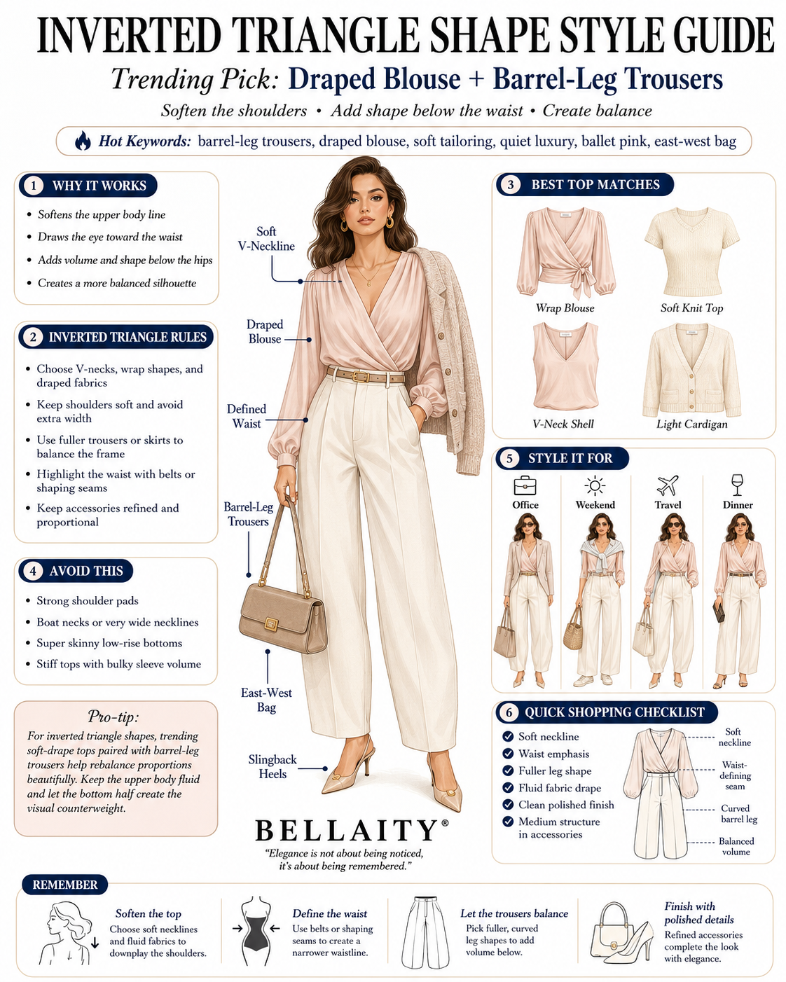 Draped Blouse and Barrel-Leg Trousers: A Balanced Outfit for Inverted Triangle Shapes