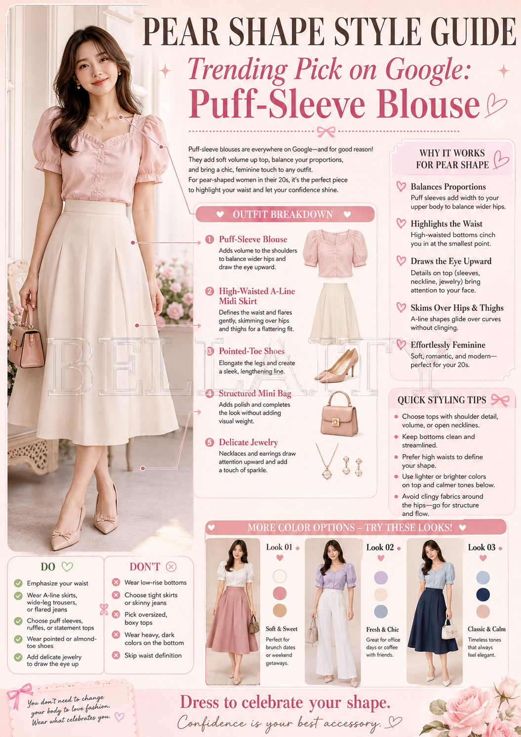 Pear shape puff-sleeve blouse color ideas with soft skirts and tailored trousers