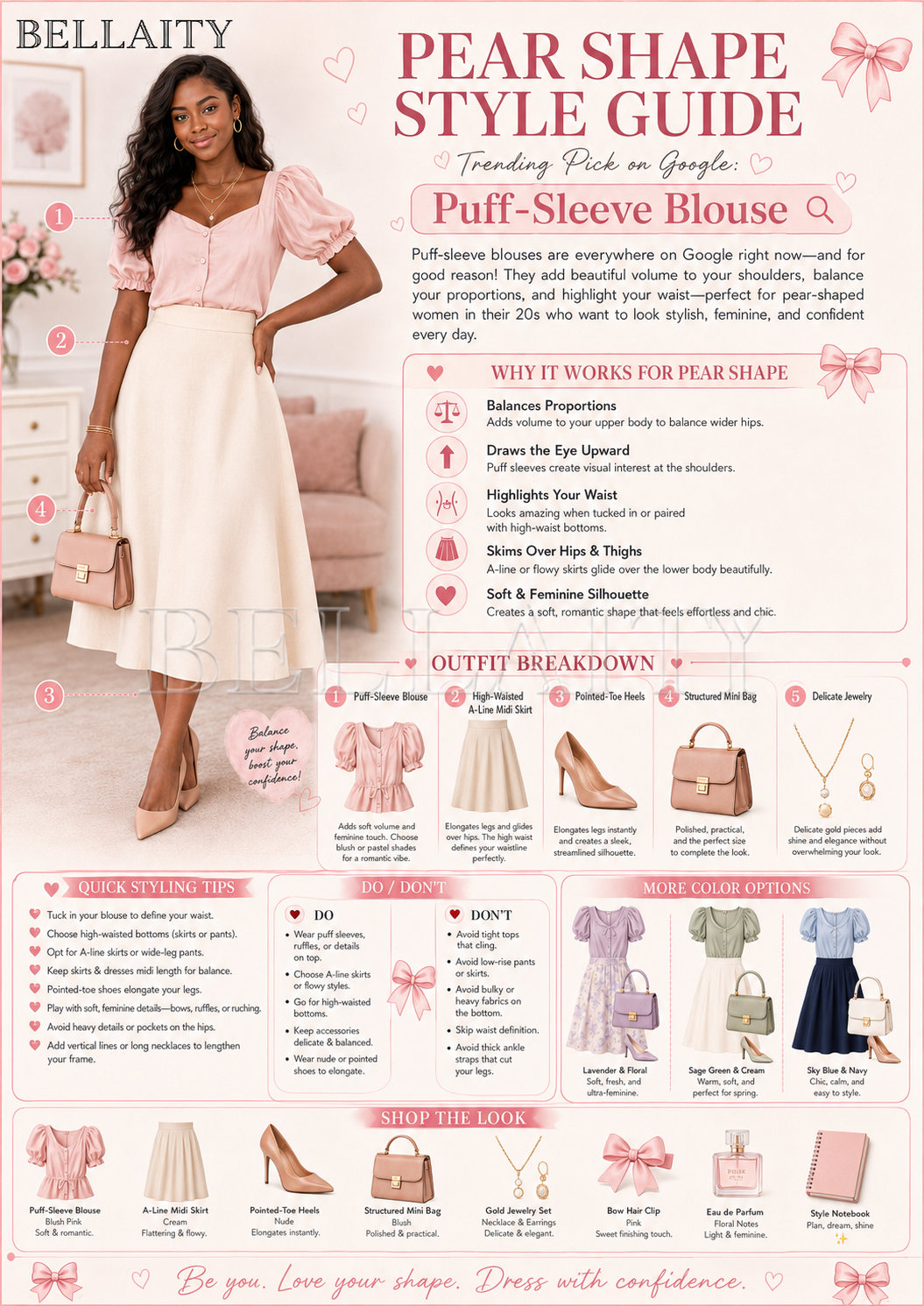 Pear shape puff-sleeve blouse outfit breakdown with A-line skirt and nude heels