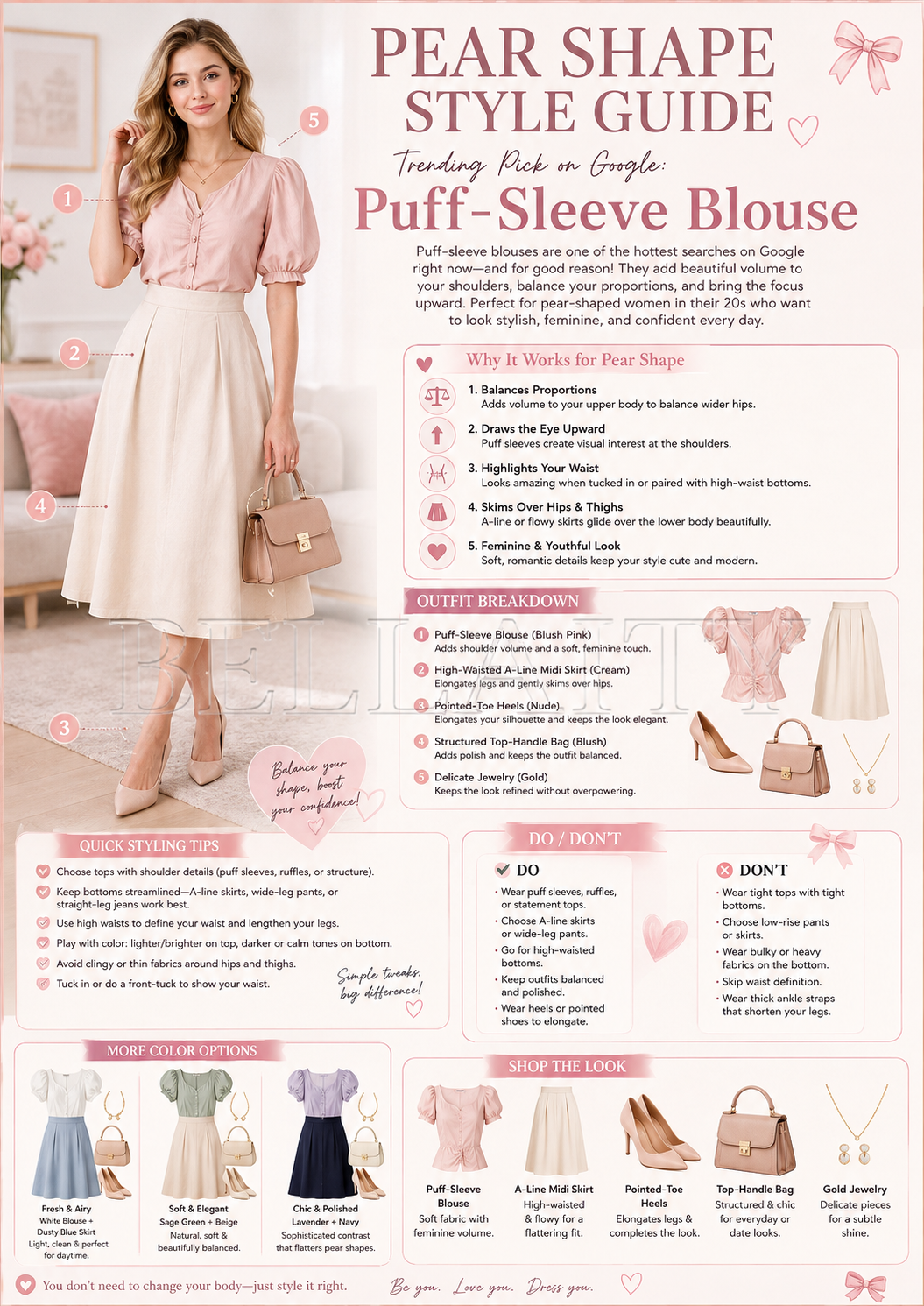 Pear body shape quick styling tips featuring a puff-sleeve blouse and high-waisted skirt