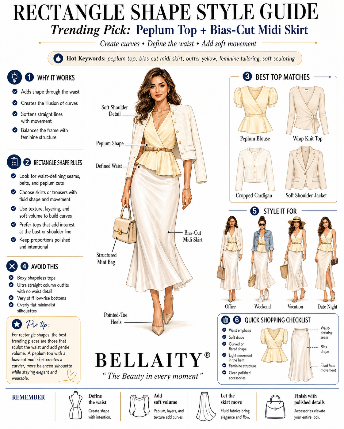 How to Style a Peplum Top and Bias-Cut Midi Skirt for a Rectangle Body Shape