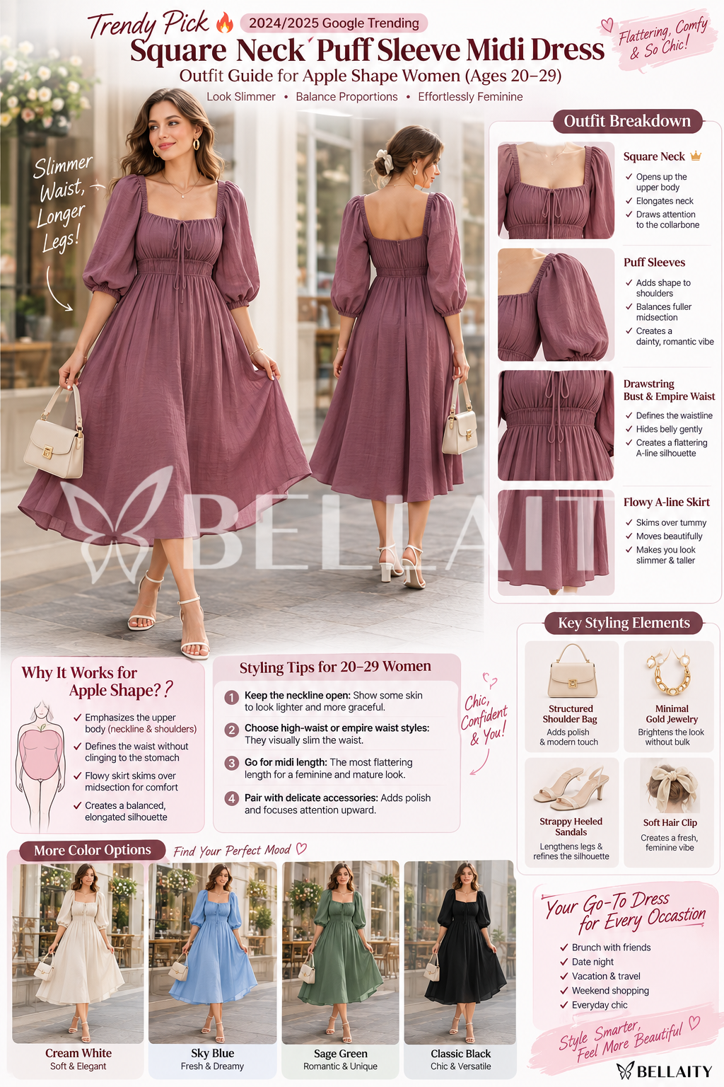 Square-Neck Puff-Sleeve Midi Dresses: A Feminine Apple Shape Styling Guide