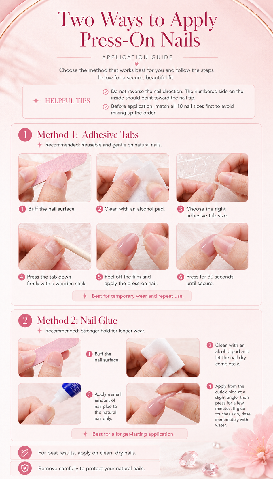 Two ways to apply press-on nails with adhesive tabs or nail glue